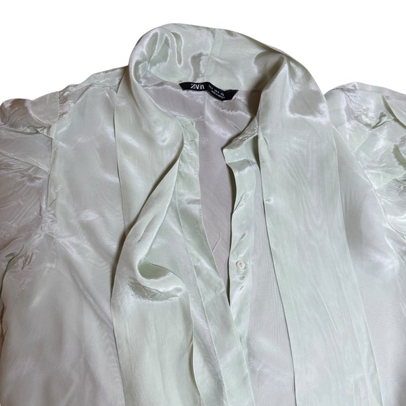 Zara| Women’s Sea Green Mint Tied Satin Blouse-Size S - Picture 5 of 11